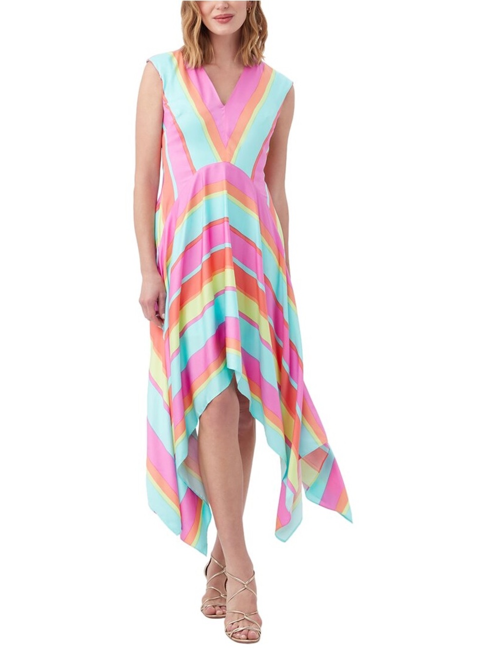 Havia Dress Colorful Pastel Striped V-Neck Handkerchief Hem Dress